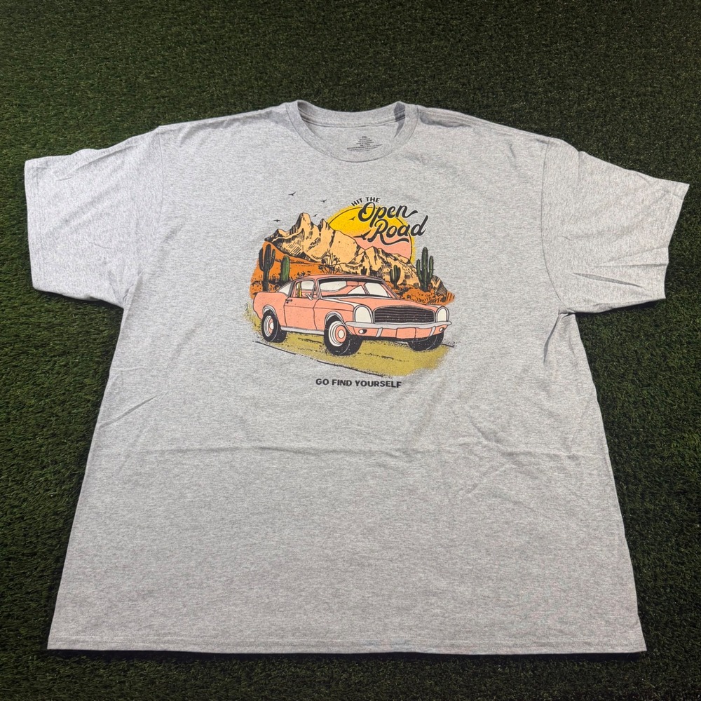 Hit the Open Road Graphic T-Shirt Mens 2XL Gray Muscle Car Desert Scene Tee